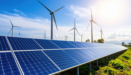 Sustainable energy sources are showcased through solar panels and wind turbines under bright blue sky, symbolizing innovation and environmental responsibility
