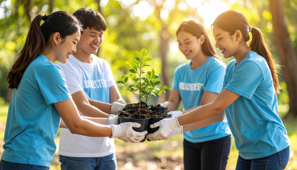 Planting trees together, group of volunteers demonstrates teamwork and commitment to environment. Their smiles reflect joy of contributing to greener future
