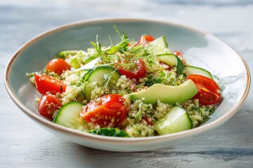 Fresh quinoa salad with cherry tomatoes, cucumber, and avocado