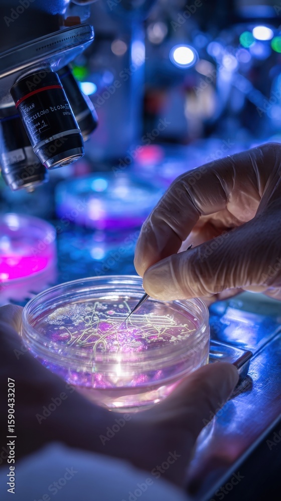 Poster a closeup view of an astronauts hands in a space station laboratory gently inspecting a culture of m