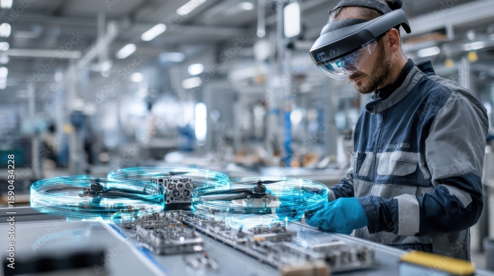 Poster engineer wearing augmented reality goggles inspecting drone frame with precision on advanced manufac