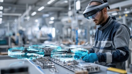 Engineer wearing augmented reality goggles inspecting drone frame with precision on advanced manufacturing assembly line, showcasing technological innovation in modern industrial setting