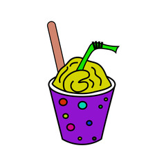 Green smoothie drink. Spotted purple glass. Refreshing beverage straw. Vector healthy refreshment.