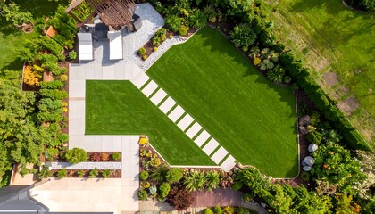 Aerial view of a landscaped backyard