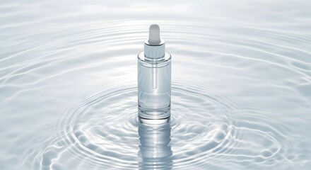 A clear glass bottle with a dropper stands in water, creating ripples around it.