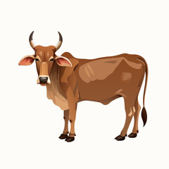 Cow standing alone on white background in a rural farm style illustration