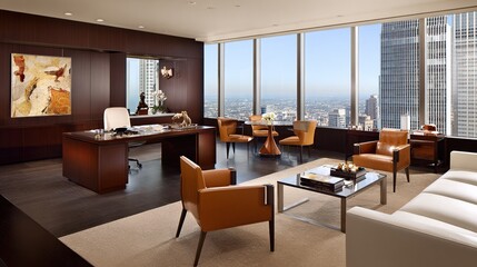 Executive office space with city view, wood paneling, and luxurious furniture