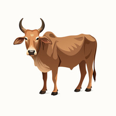 Cow standing alone on white background in a rural farm style illustration