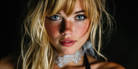 Fototapeta premium Blonde caucasian young female with freckles and blue eyes