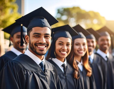 Smiling graduates in caps and gowns - Powered by Adobe