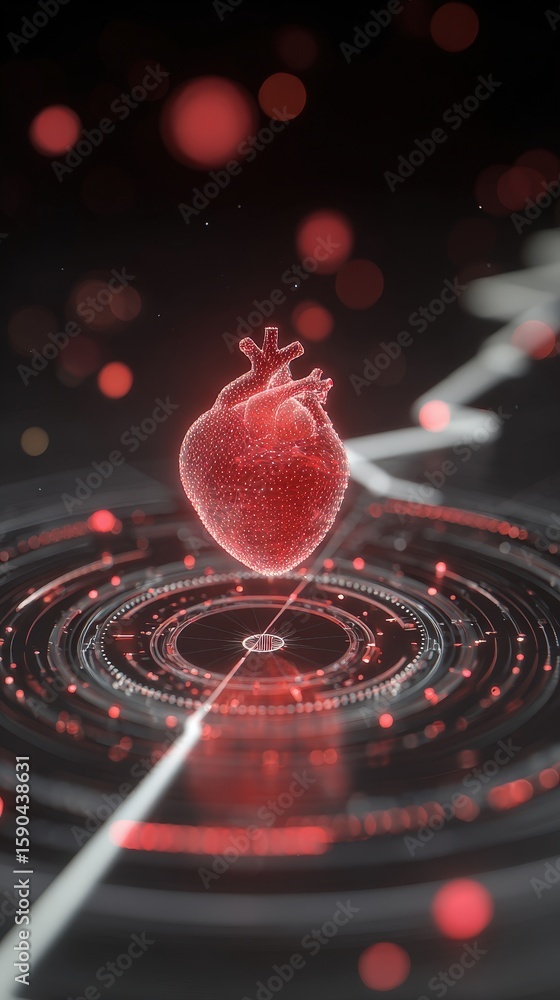 Poster a digital red heart model surrounded by futuristic circular data patterns and glowing elements in a 