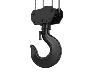 A heavy-duty black crane hook, designed for lifting, isolated on a white background.