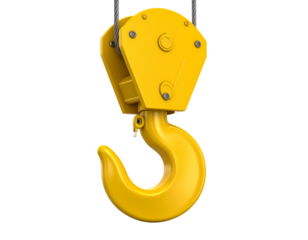 A large, yellow industrial crane hook with a robust design, isolated on a white background.