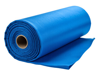 A roll of bright blue fabric, tightly wound, isolated on a clean white background.