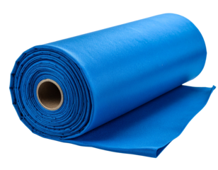 A roll of bright blue fabric, tightly wound, isolated on a clean white background.