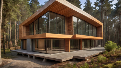 a modern house in the middle of a dense forest with an aesthetic wood theme, wallpaper.