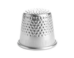 A silver thimble, a classic sewing accessory, isolated on a clean white background.