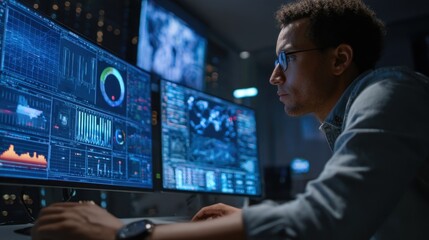 A professional in cybersecurity examines cuttingedge graphs and charts that illustrate the vulnerability of qubit encryption in the postquantum era. The backdrop emphasizes a hightech