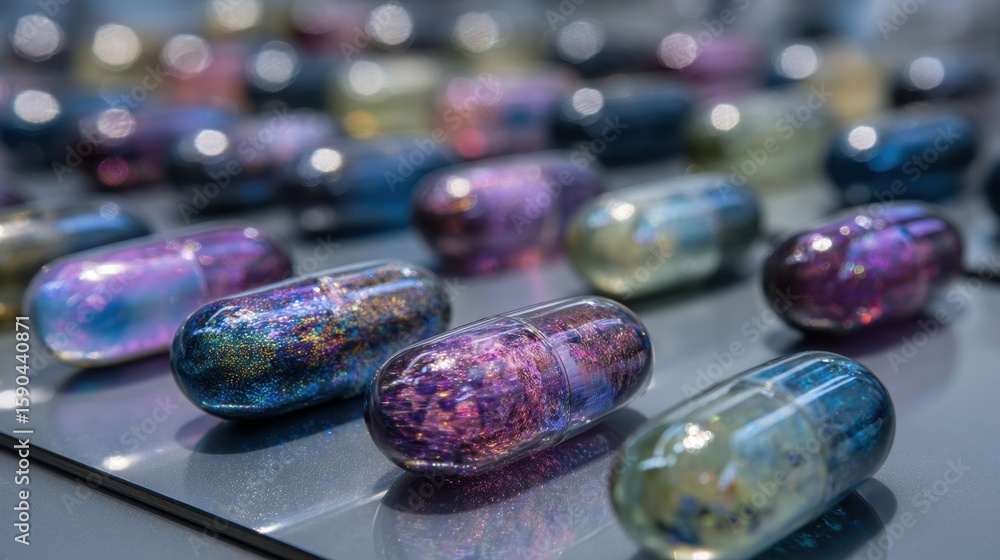 Aufkleber translucent capsules with iridescent, color shifting biopigments lie neatly arranged on a reflective