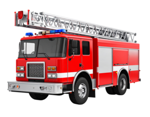 A large red fire truck with ladders and equipment, isolated on a clean white background.