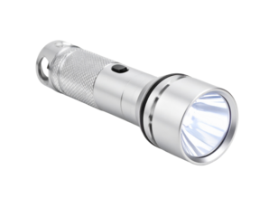 A sleek, silver flashlight, a portable light source, isolated on a white background.