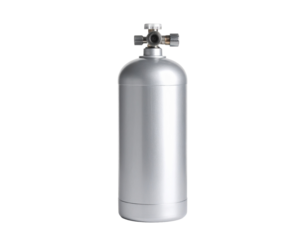 A silver oxygen tank, used for medical or industrial purposes, isolated on a white background.