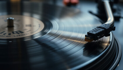 Fototapeta premium Vintage Turntable Vinyl Record Close-up: Music Photography AI Generated