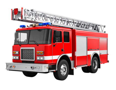 A large red fire truck with ladders and equipment, isolated on a clean white background.