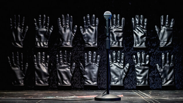Microphone and Array of Black Leather Gloves