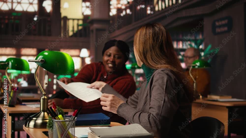 Poster mature woman reading and using highlighter pen on printed courses in a public library under a green 