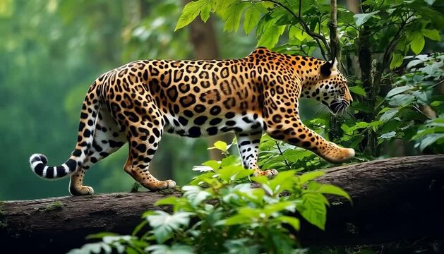 A majestic wild jaguar with spotted fur walks slowly across a thick tree branch in a vibrant green jungle.