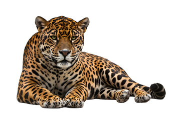 Powerful jaguar in sphinx-like pose with rosette markings and fierce gaze, perfect for wildlife or nature themes. Isolated on white or transparent background. PNG