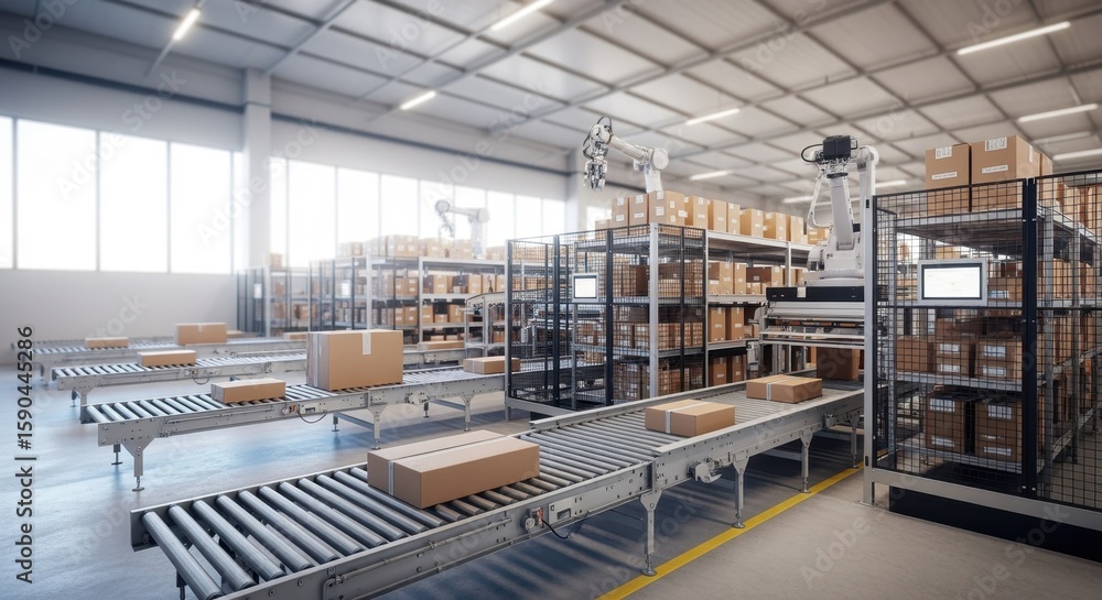 Poster modern warehouse using robotic arms for handling cardboard boxes on conveyor belts, improving effici