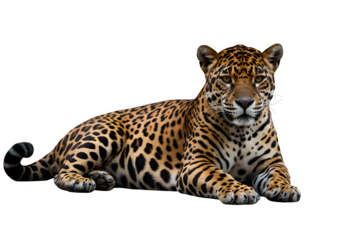 Powerful jaguar in sphinx-like pose with rosette markings and fierce gaze, perfect for wildlife or nature themes. Isolated on white or transparent background. PNG