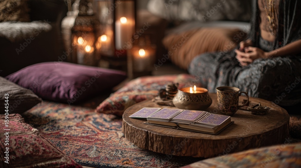 Poster a peaceful scene of a yogi in a cozy bohemianinspired space engaging in oracle card reading after a 