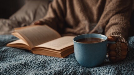 Cozy reading with warm drink