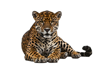 Fototapeta premium Powerful jaguar in sphinx-like pose with rosette markings and fierce gaze, perfect for wildlife or nature themes. Isolated on white or transparent background. PNG