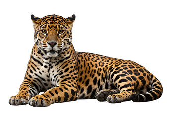 Powerful jaguar in sphinx-like pose with rosette markings and fierce gaze, perfect for wildlife or nature themes. Isolated on white or transparent background. PNG