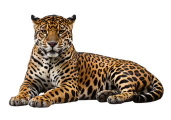 Powerful jaguar in sphinx-like pose with rosette markings and fierce gaze, perfect for wildlife or nature themes. Isolated on white or transparent background. PNG