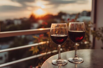 Two glasses of red wine on a balcony at sunset with scenic view