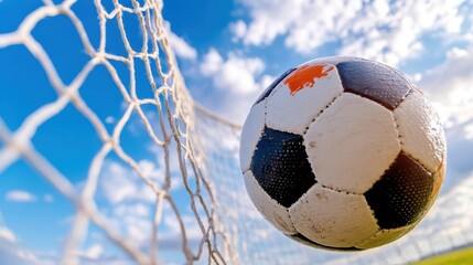 Soccer ball gracefully nets against a dramatic cloudy sky