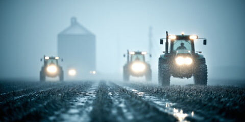 Global warming or bad weather conditions in farming industries. Tractors in heavy rain.