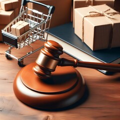 A legal gavel rests beside a miniature shopping cart filled with boxes on a wooden tabletop to represent ecommerce regulations and consumer rights in a warm-toned setting.
