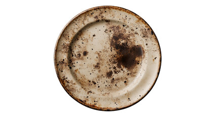 An old plate holding remnants of a forgotten meal whispers tales of days gone with aged on transparent background