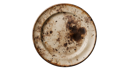 An old plate holding remnants of a forgotten meal whispers tales of days gone with aged on transparent background
