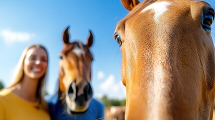 Farmer couple enjoys sunny day with their bitless horses in the ranch corral