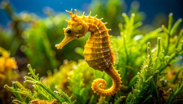 Caballito de mar amarillo flotando entre algas verdes, con fondo azul suave y sensaci&oacute;n de delicadeza marina.