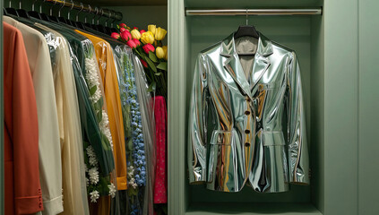 Metallic Blazer and Garments in a Closet