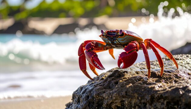 Cangrejo sobre roca con agua salpicando a su alrededor, capturado justo en el momento en que las olas tocan la orilla.
