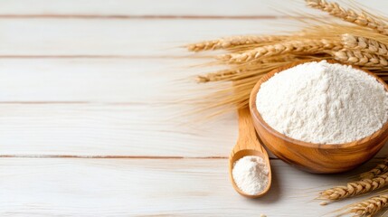 Flour and wheat grains create a rustic kitchen harmony on wood